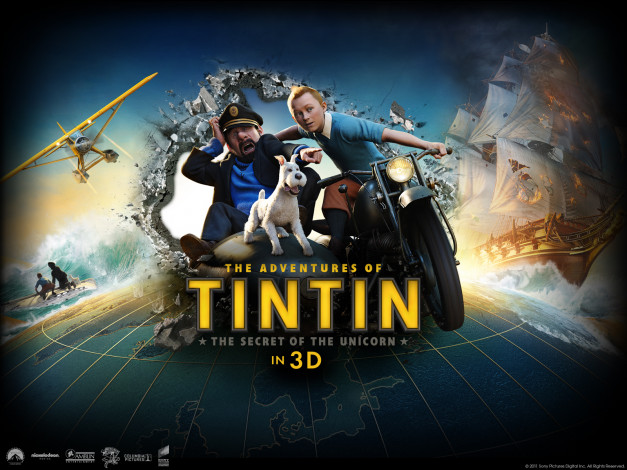 Обои картинки фото the, adventures, of, tintin, мультфильмы, парусник, корабль, собака, самолёт, мотоцикл