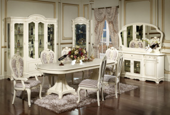 Картинка интерьер столовая вино букет стулья сервант стол