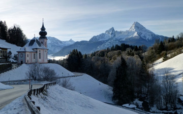 Картинка maria gern church berchtesgaden germany города католические соборы костелы аббатства bavaria bavarian alps mount watzmann церковь мария герн берхтесгаден бавария германия баварские альпы гора вацманн горы зима дорога лес пейзаж