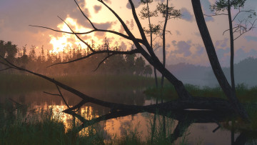Картинка 3д+графика природа+ nature деревья река закат облака