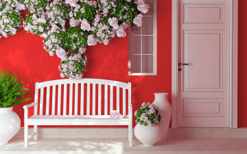 Картинка 3д+графика реализм+ realism дверь вазы лавочка цветы