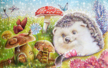 Картинка рисованное животные +ежи мышь насекомые грибы ёжик