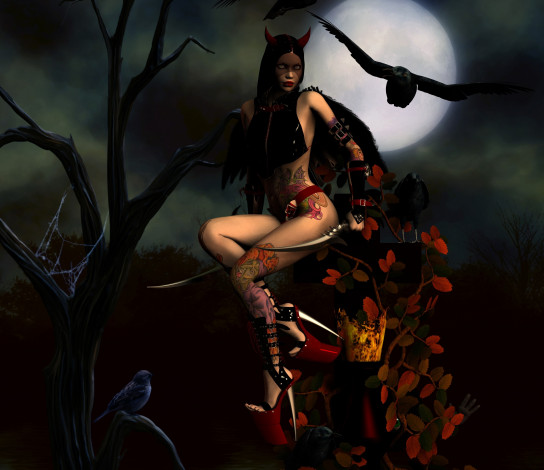 Обои картинки фото 3д графика, фантазия , fantasy, взгляд, луна, птичка, дерево, сова, кастаника