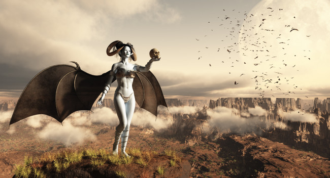 Обои картинки фото 3д графика, существа , creatures, крылья, череп, кастаника