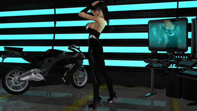 Обои картинки фото 3д графика, люди , people, мотоцикл, взгляд, девушка