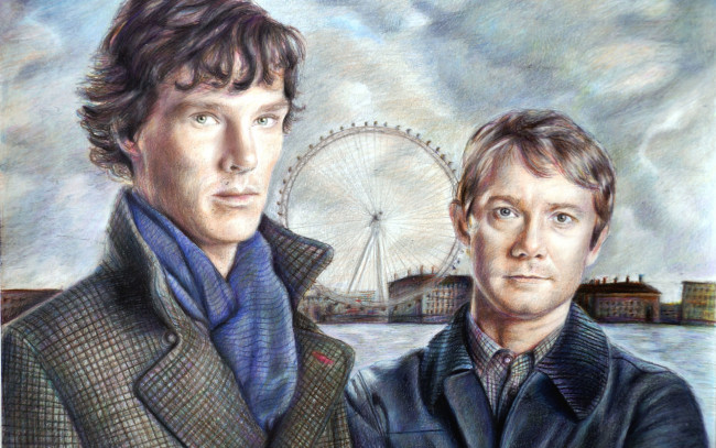 Обои картинки фото рисованное, кино, john, watson, sherlock, holmes, сериал, арт, bbc, benedict, cumberbatch, martin, freeman