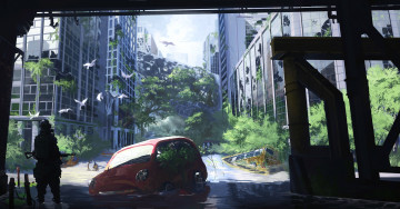 Картинка аниме оружие +техника +технологии руины машина арт kaatoso автобус деревья птицы город апокалипсис человек