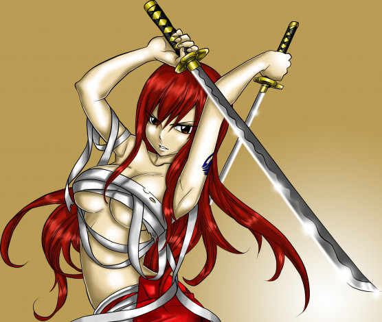 Обои картинки фото аниме, fairy tail, оружие, фон, взгляд, девушка, erza, scarlet