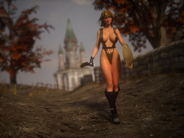 Обои картинки фото 3д графика, амазонки , amazon, девушка, щит, меч, амазонка, взгляд, фон