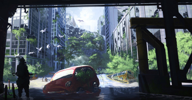 Обои картинки фото аниме, оружие,  техника,  технологии, руины, машина, арт, kaatoso, автобус, деревья, птицы, город, апокалипсис, человек