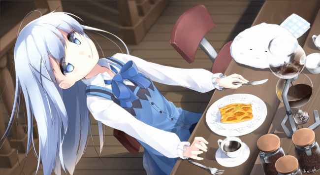 Обои картинки фото аниме, gochuumon wa usagi desu ka, tippy, стол, kafuu, chino, арт, makadamixa, gochuumon, wa, usagi, desu, ka, пирог