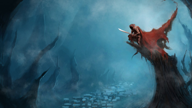 Обои картинки фото фэнтези, нежить, огни, деревня, ночь, арт, плащ, меч, человек, скалы