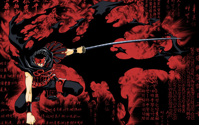 Обои картинки фото аниме, tsubasa reservoir chronicles, tsubasa, reservoir, chronicle, kurogane, демон, катана, кровавый, туман, лохмотья, кулак, боевая, стойка