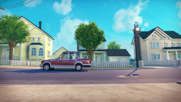 Картинка рисованное города дерево дорога дом фонарь машина