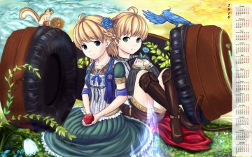 Картинка календари аниме наушники цветы птица двое девочка