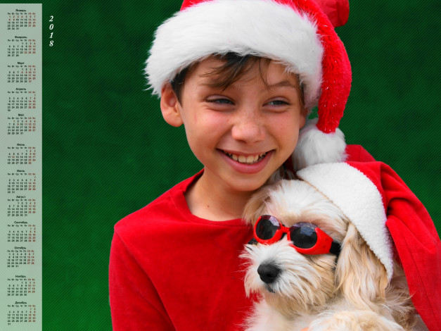 Обои картинки фото календари, дети, собака, мальчик, эмоции, шапка, очки