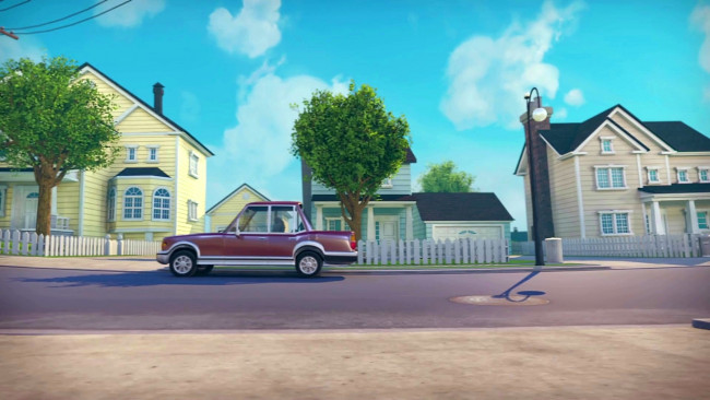 Обои картинки фото рисованное, города, дерево, дорога, дом, фонарь, машина