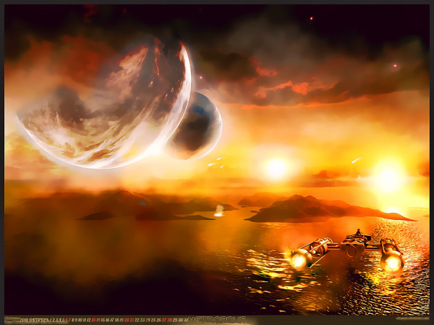 Обои картинки фото календари, фэнтези, звездолет, планета, водоем