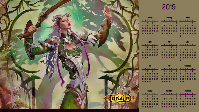 Обои картинки фото календари, фэнтези, рога, девушка, оружие, существо
