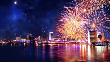 Картинка города токио+ япония салют здания огни вода