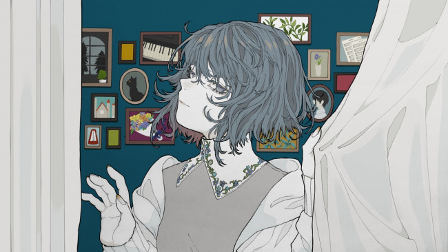 Обои картинки фото аниме, unknown,  другое , лицо, воротник, шторы, картины