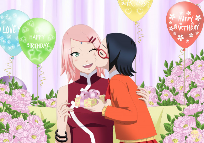 Обои картинки фото аниме, naruto, учиха, сарада, сакура, день, рождения, шары
