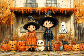 обоя праздничные, хэллоуин, дом, дети, костюмы, осень, собака, тыквы