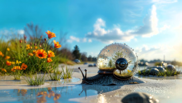 обоя 3д графика, животные , animals, улитка, лужа, цветы