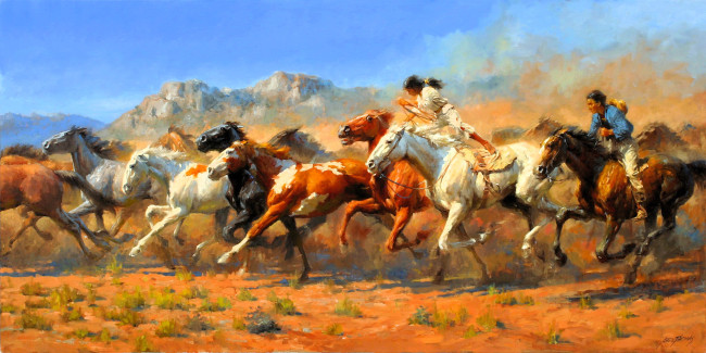 Обои картинки фото рисованное, andy thomas, табун, лошади, мустанги, всадники, горы, прерии