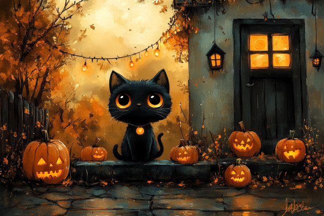 Обои картинки фото рисованное, праздники, котенок, дом, хэллоуин, осень, деревья, тыквы, забор, фонари, гирлянда