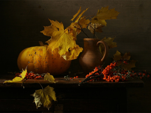 Обои картинки фото ира, быкова, осенний, натюрморт, тыквой, кленовой, веткой, еда