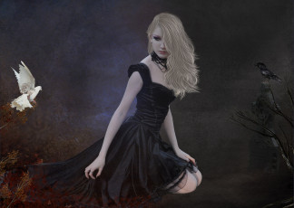 Картинка фэнтези девушки блондинка сомнение голубь ворон