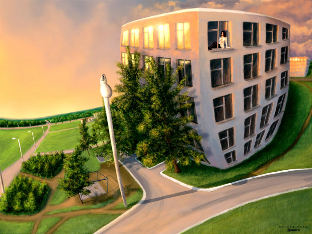 Обои картинки фото romiro, раннее, утро, рисованные, города, окна, дом, город