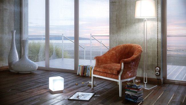 Обои картинки фото интерьер, мебель, кресло, книги, вазы