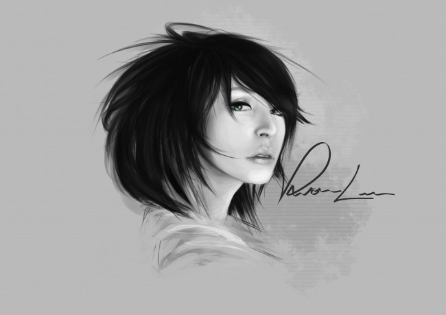 Обои картинки фото рисованные, люди, черно-белое, надпись, девушка, vernon, lee, взгляд