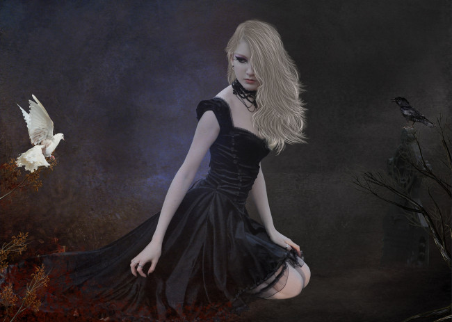 Обои картинки фото фэнтези, девушки, блондинка, сомнение, голубь, ворон
