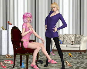 Картинка 3д+графика люди+ people девушки взгляд фон кресло кровать обувь шторы