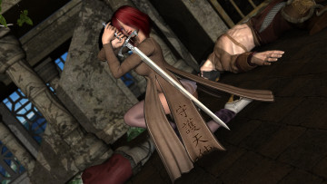 Картинка 3д+графика фантазия+ fantasy рыжая платье меч фон взгляд девушка