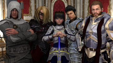 Картинка 3д+графика фантазия+ fantasy взгляд мужчины доспехи воины накидки девушка меч