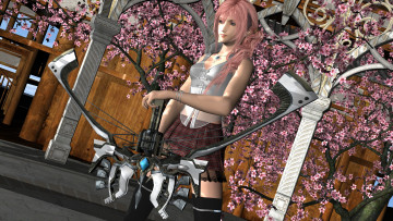 Картинка 3д+графика фантазия+ fantasy замок сакура девушка взгляд фон лук