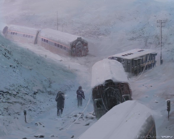 Обои картинки фото filip dudek, фэнтези, иные миры,  иные времена, зима, люди, мир, иной, разрушения, вагоны, постапокалипсис