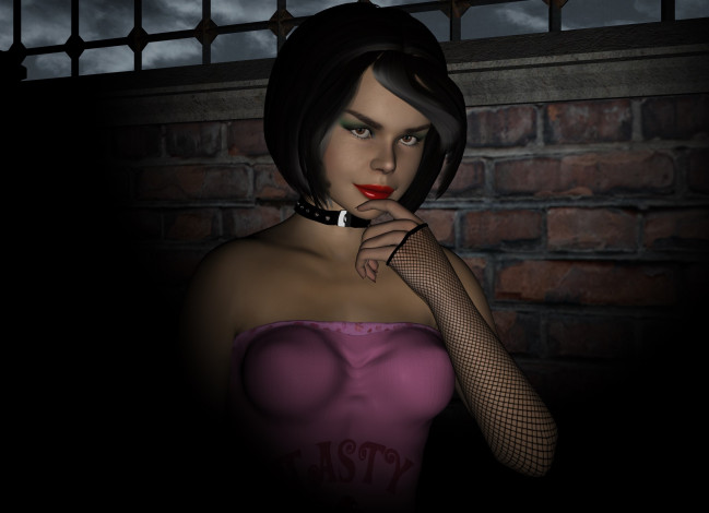 Обои картинки фото 3д графика, люди , people, стена, улыбка, фон, взгляд, девушка