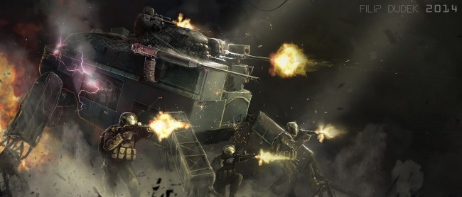 Обои картинки фото filip dudek, фэнтези, роботы,  киборги,  механизмы, робот, будущее, мир, иной, сражение, солдаты, механоид