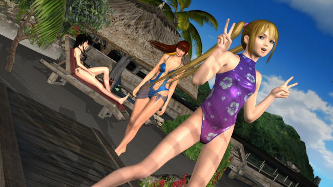 Обои картинки фото 3д графика, аниме , anime, взгляд, небо, шезлонг, пальмы, девушки, фон
