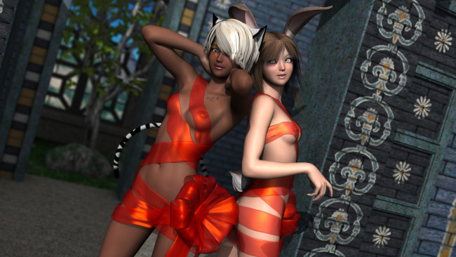 Обои картинки фото 3д графика, фантазия , fantasy, девушки, взгляд, фон, ушки, ленты, бантик