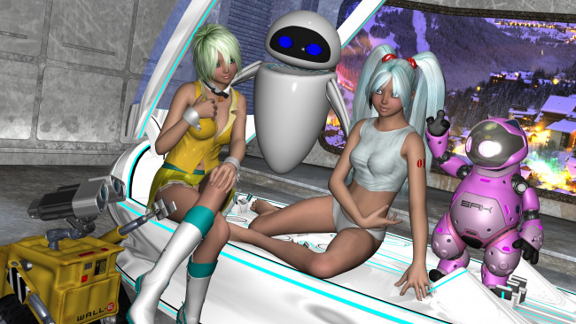 Обои картинки фото 3д графика, фантазия , fantasy, робот, фон, взгляд, девушки