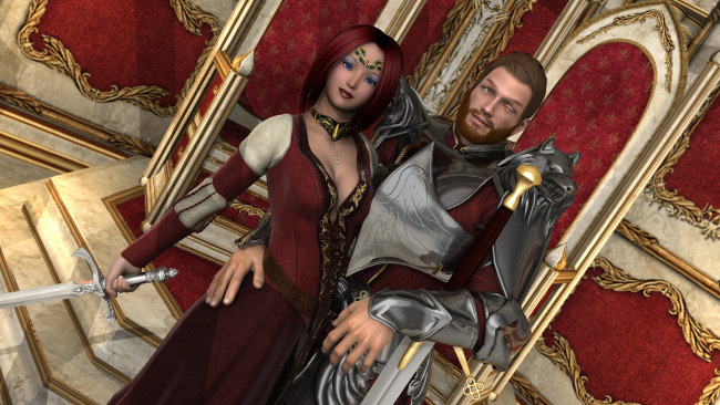 Обои картинки фото 3д графика, фракталы , fractal, оружие, девушка, мужчина, диадема