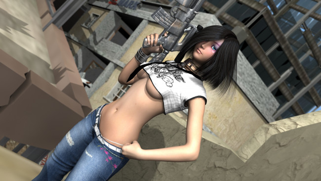 Обои картинки фото 3д графика, фракталы , fractal, оружие, фон, взгляд, девушка