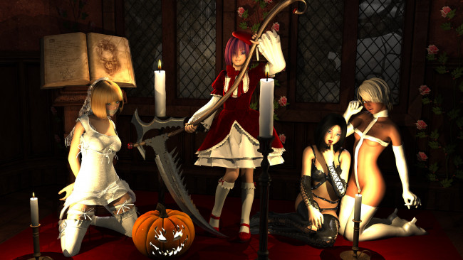 Обои картинки фото 3д графика, праздники , holidays, тыква, фон, свечи, взгляд, девушки