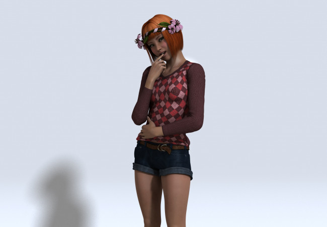 Обои картинки фото 3д графика, люди , people, улыбка, венок, фон, взгляд, девушка, рыжая, шорты